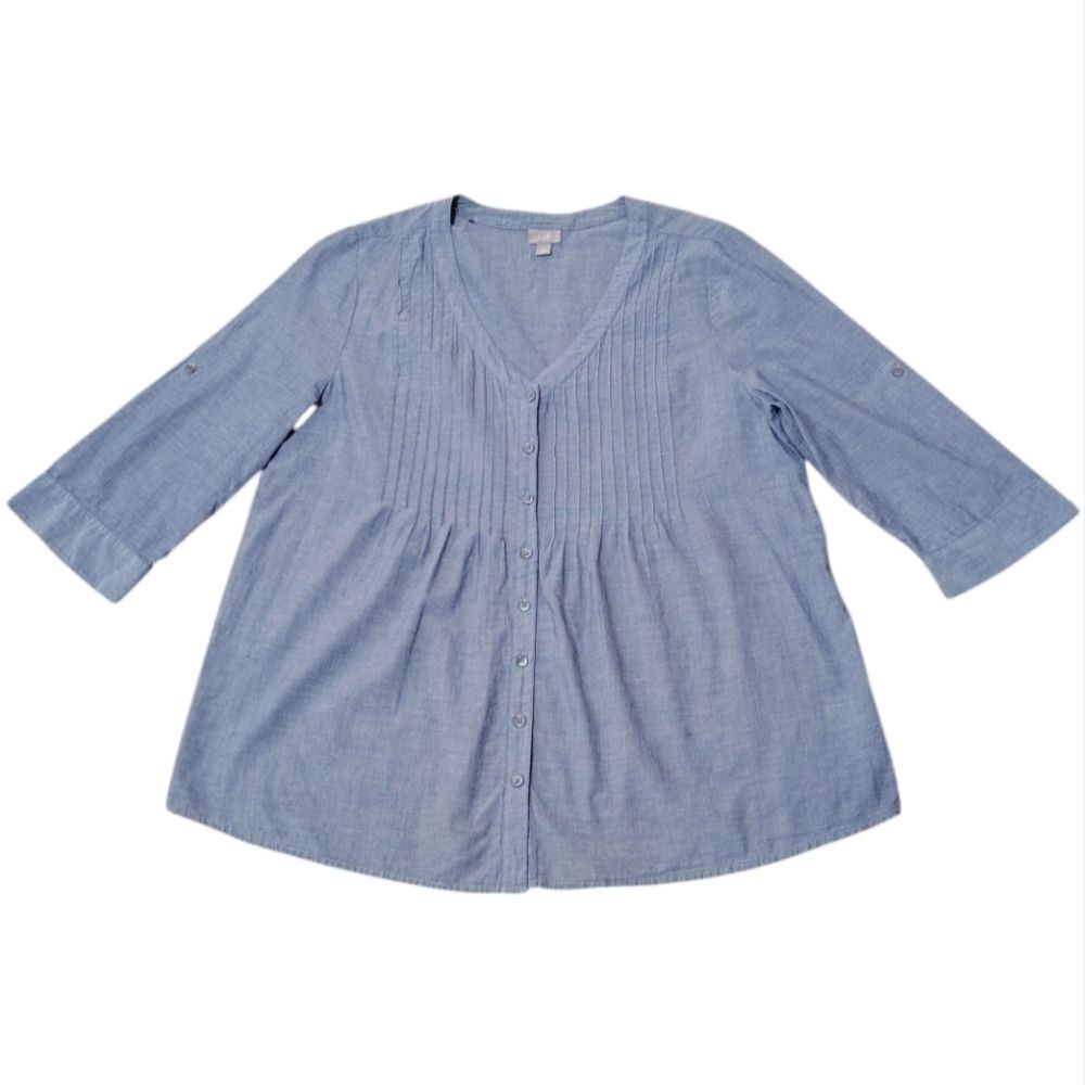 J. Jill Size X Large Pin Tucked Chambray Roll Tab Shirt Blouse Top Tunic XL